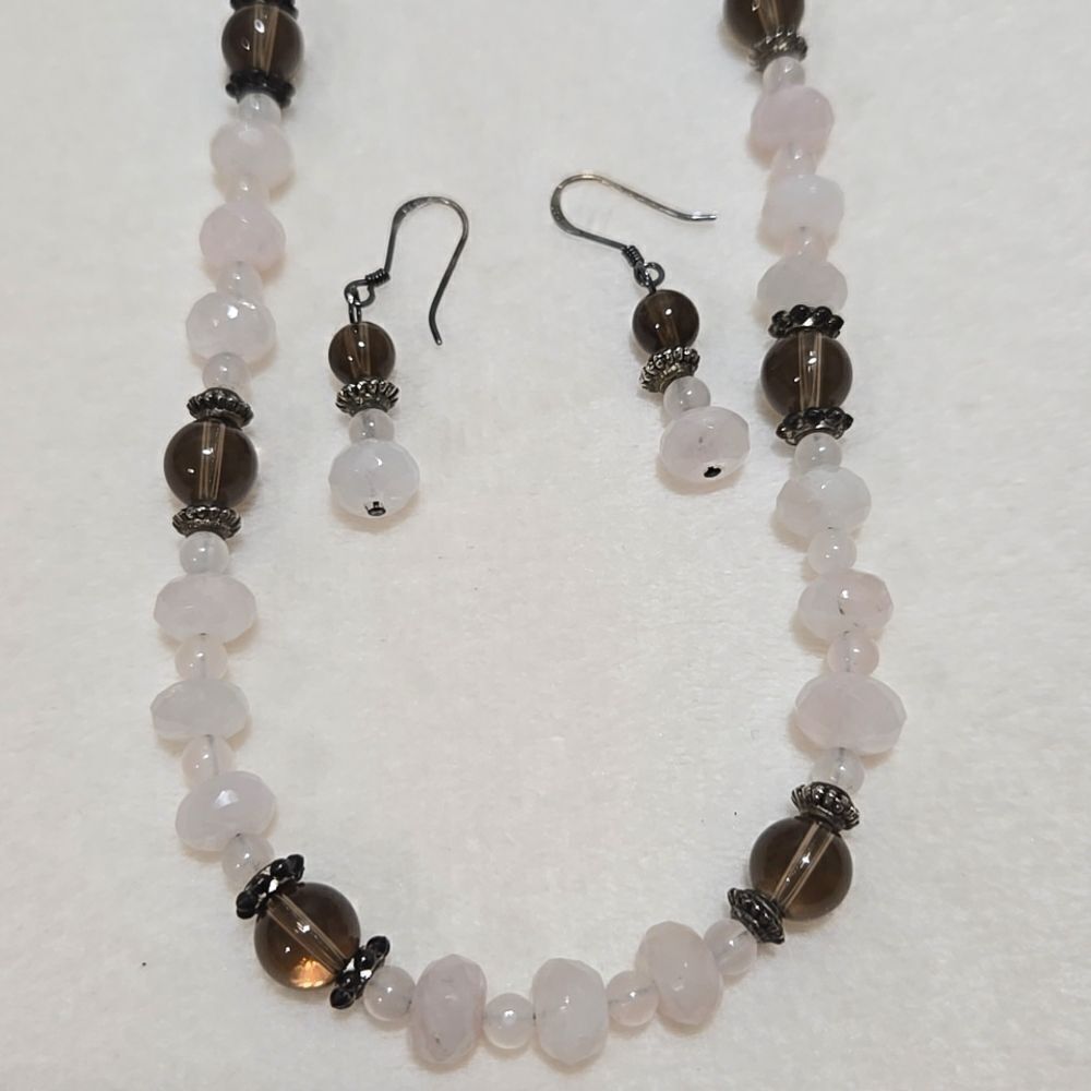 Rose And Smokey Quartz Necklace/ Earring Set